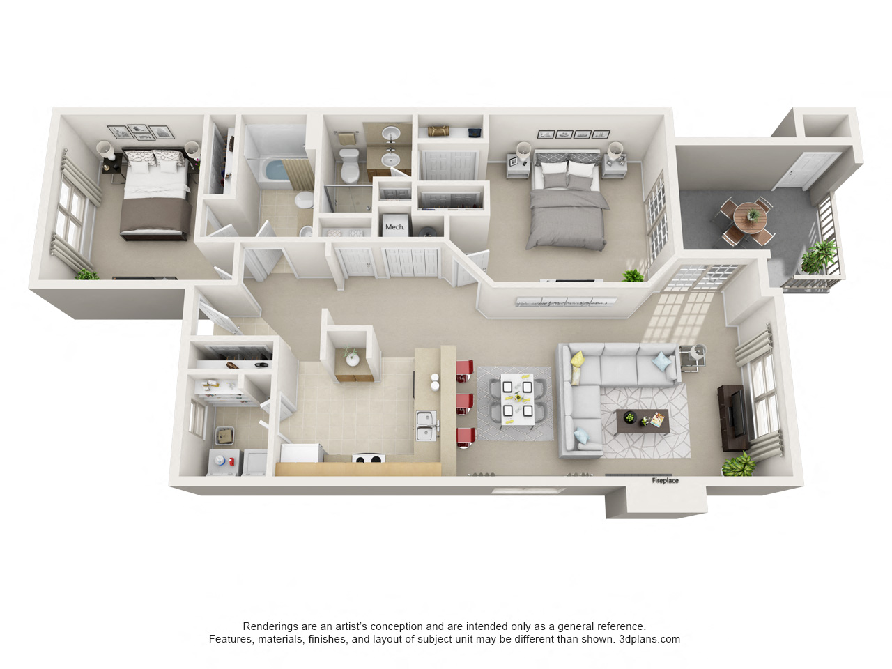 Floor plan for 2 beds, 2 baths, 1284 sqft